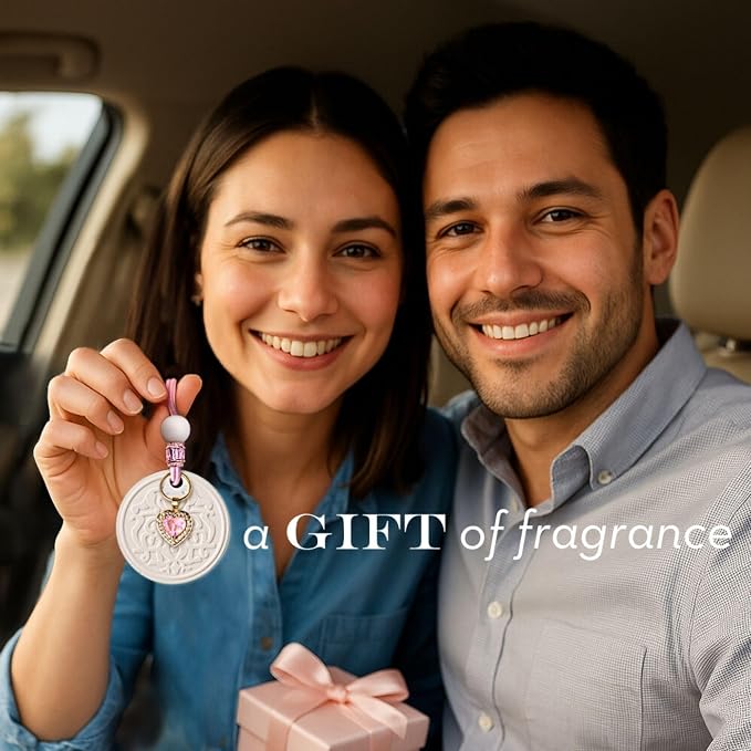 Luxury Car Air Freshener for Women - Refillable & Portable Luxury Fragrance Diffuser - Cute Car Accessories & Interior Decor - Mirror Hanging or Vent Clips - Pink Heart Charm, Rose Scent