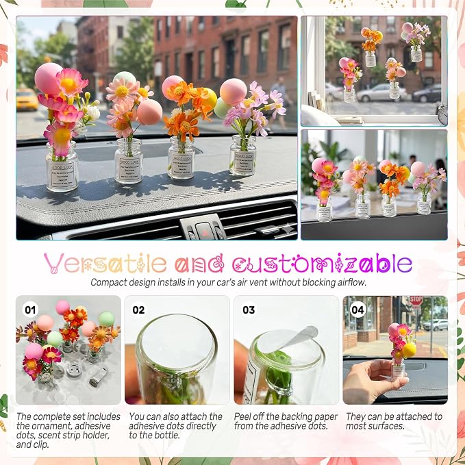 CusDusk 4 Pcs Flowers with Ballons Car Vent Clips, Cute Daisy Plants Vase Air Conditioning Outlet Clip with Fragrance Pads, Charm Scent Perfume Automotive Interior Decorations for Women