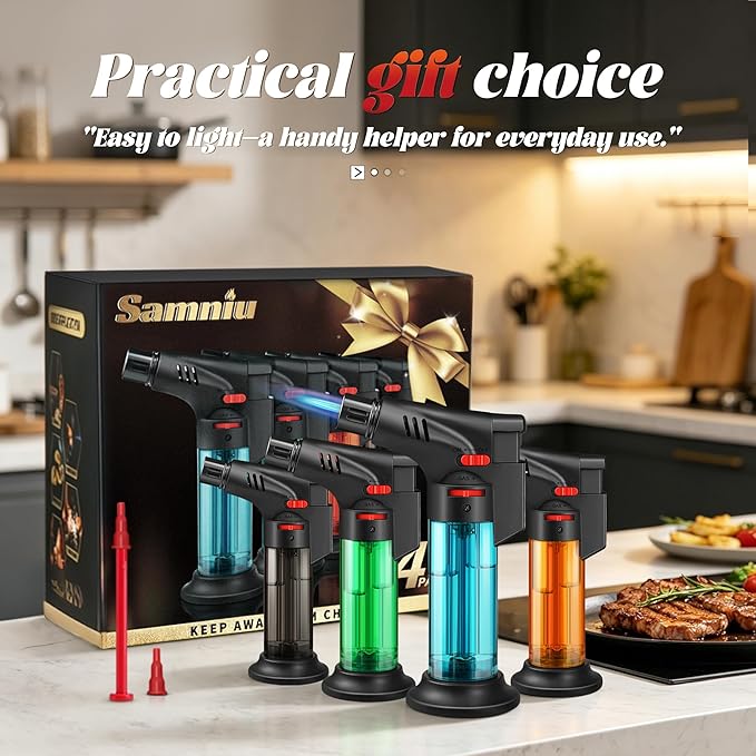 Samniu 4 Pack of Torch Lighter, Jet Flame, Butane gas, Mini Refillable Windproof Lighters, for candle, fireplace, grill (Gas not Included)