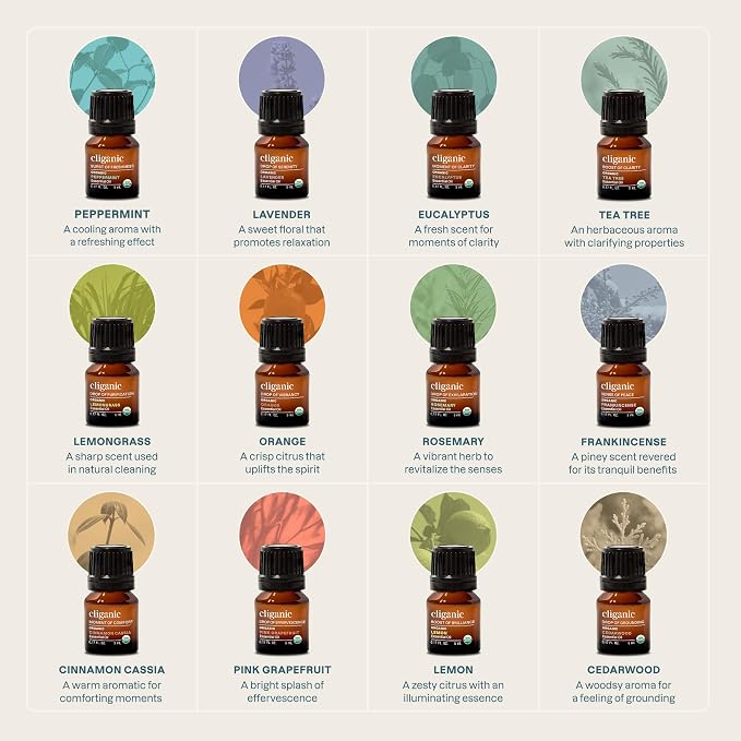 Cliganic Organic Essential Oils Set (Top 12, Pack of 2) - 100% Pure - Peppermint, Lavender, Eucalyptus, Tea Tree, Lemongrass, Rosemary, Frankincense, Orange, Lemon, Cassia, Cedarwood & Grapefruit