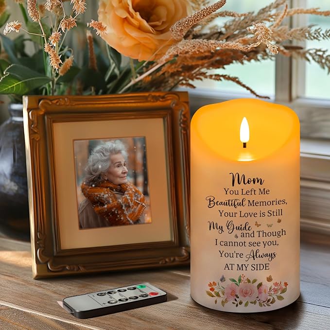 Memorial Candle, Real Wax LED Light with Remote Control, Sympathy Gift for Loss of Loved One or Mother, 4" x 7"
