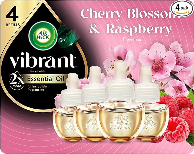 Air Wick Plug-In Scented Oil Refills, 4 Count, Cherry Blossom & Raspberry, Air Fresheners, Essential Oils