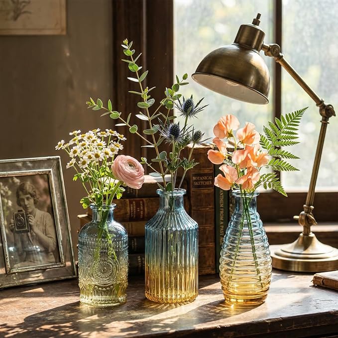 MyGift Small Blue Yellow Gradient Glass Reed Diffuser Bottles, Vintage Embossed Apothecary Style Flower Bud Vases with Cork Lids, Assorted Designs and Sizes, Set of 3