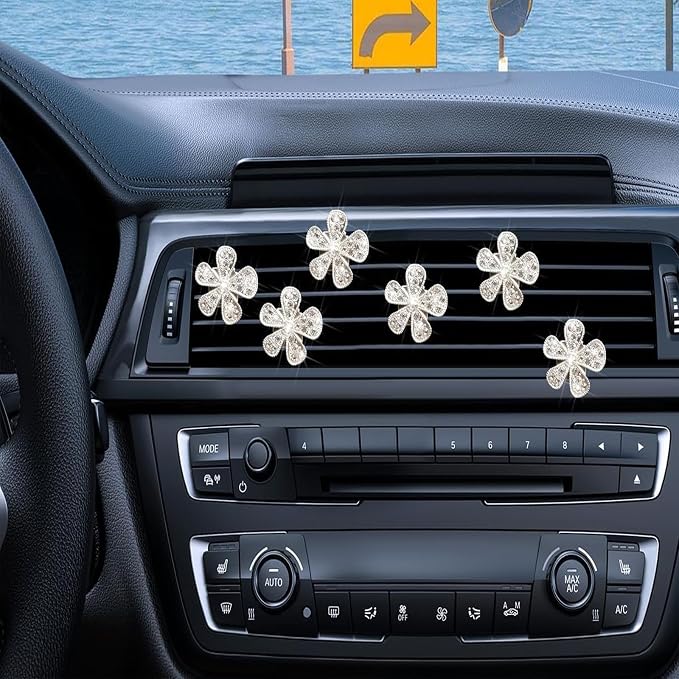 Daisy Air Vent Clips, 3 Pcs Cute Flower Crystal Rhinestone Car Air Conditioning Outlet Clip Vehicle Air Freshener Clip Charm Car Inter Decor Accessories for Women (Silver, 1.6inch)