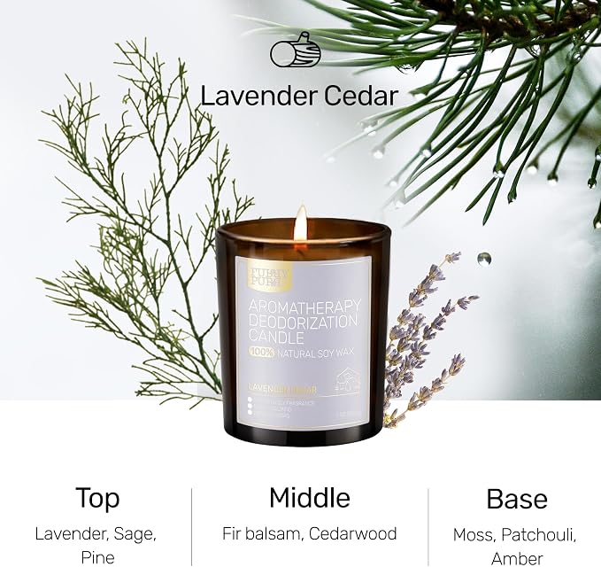 Odor Eliminating Candle, Lavender Cedar Scented Candle, Pet-Friendly Soy Candles, 60 Hours, 7 oz