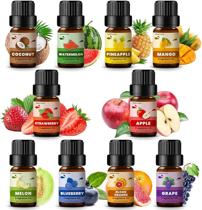 Fruity Fragrance Oil for Candle & Soap Making, INWICOPH Premium Essential Oils 5ml x 10 - Blueberry, Strawberry, Mango, Blood Orange, Essential Oil Diffusers for Home