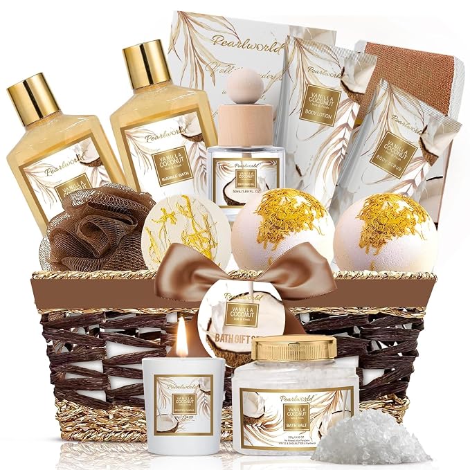 Mother's Day Gifts Basket for Women, 15pcs Vanilla Coconut Bath Set with Shower Gel, Bubble Bath, Diffuser Oil, Scented Candle, Skin Care Kit Birthday Gift for Women