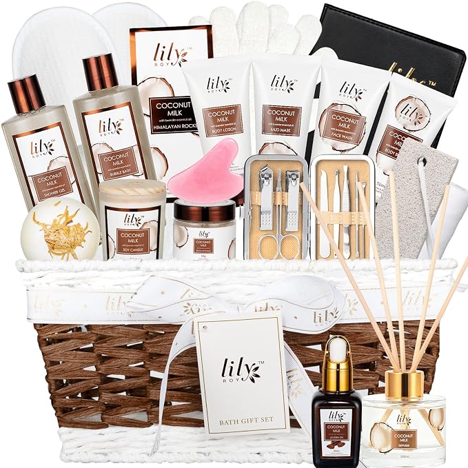 28Pcs Coconut Vanilla Spa Gift Basket - Skin Care Gifts Set for Women & Men