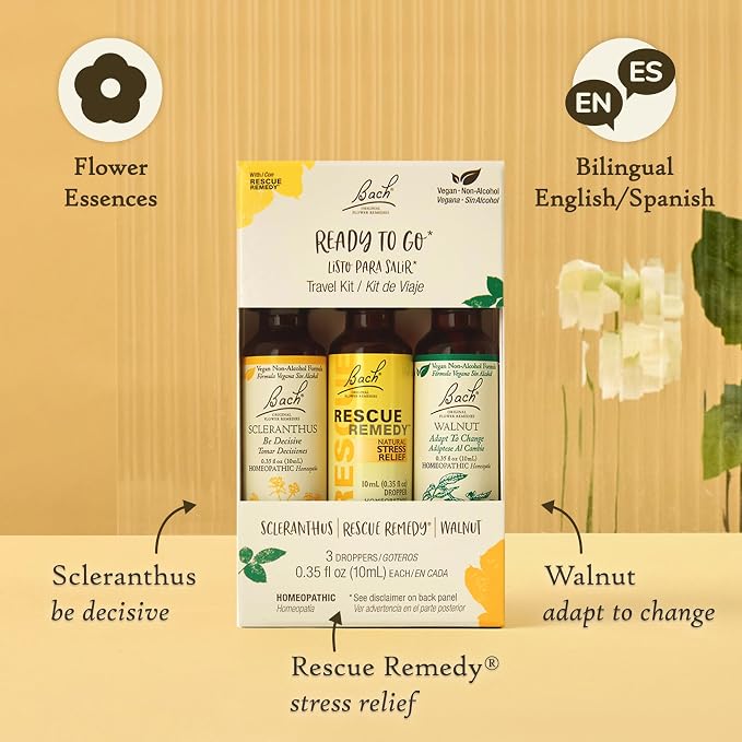 Bach Original Flower Remedies - Ready To Go Trio Kit - For Travel Stress (Non-Alcohol Formula) - Natural Homeopathic Flower Essence - Vegan - 3 x 10mL Droppers