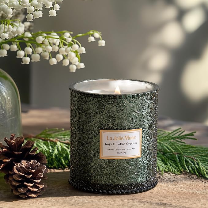 LA JOLIE MUSE Hinoki & Cypress Scented Candle for Home | Pine & Cedarwood | Christmas Winter Holiday | 19 oz Non Toxic Natural Soy | Large Green Jar Candle | Luxury Gifts for Women & Men | Wood Wick