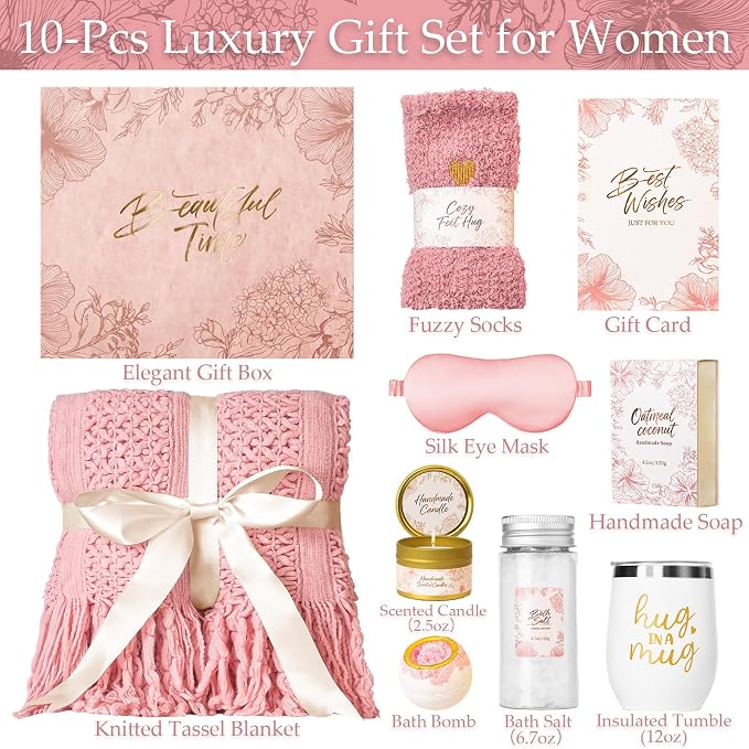 Gift Basket for Women, Self Care Set with Knitted Throw - Care Pkg - Pink | for Women Mom Her Friend Sister Wife Grandma Fringe Blanket, Spa Bath Bombs Candle Soap Sea Salt, Birthday Get Well