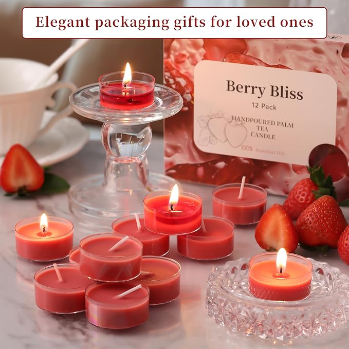 DEVI Strawberry Scented Tealights Candles 48 Pack, 3.5-4 Hours Natural Palm Tea Candles Bulk for Home Scented, Red Small Votives with Essential Oils for Home Aromatherapy, Gifts