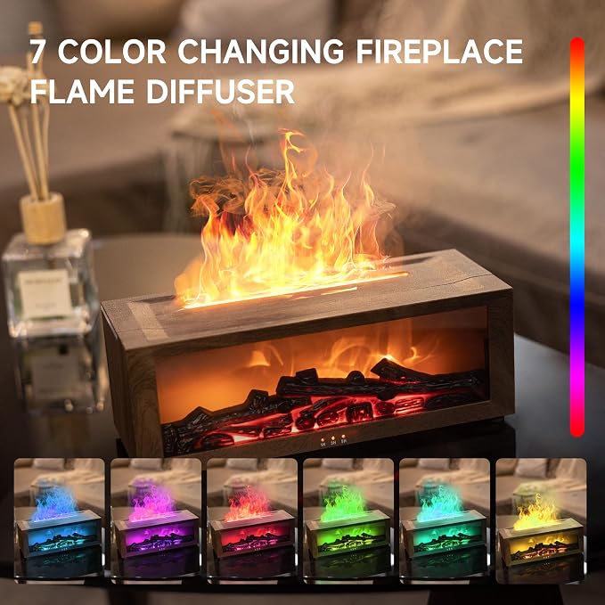 TMEHM Fireplace Flame Air Diffuser Humidifier,7 Colors Aromatherapy Essential Oil Diffuser,Ultrasonic with Timer for Home,Bedroom,Office,Yoga (Dark Wood Grain)