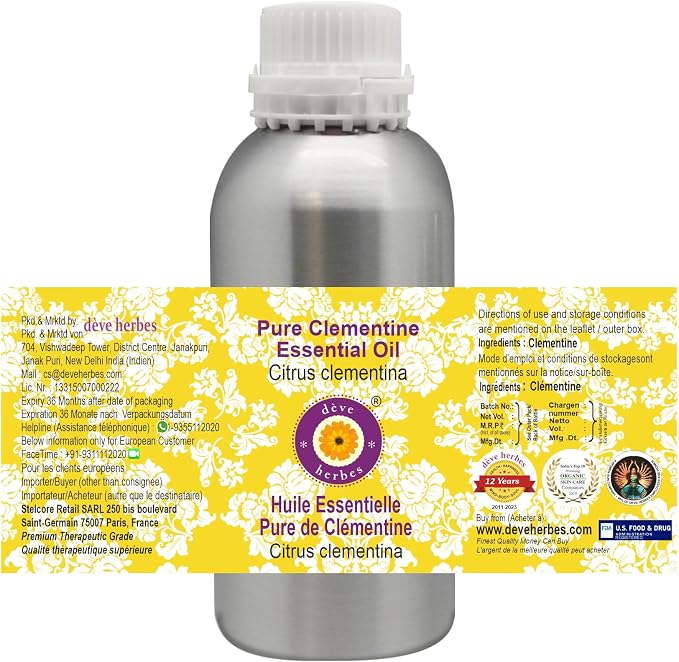 Deve Herbes Pure Clementine Essential Oil (Citrus Clementina) Steam Distilled 630ml (21 oz)