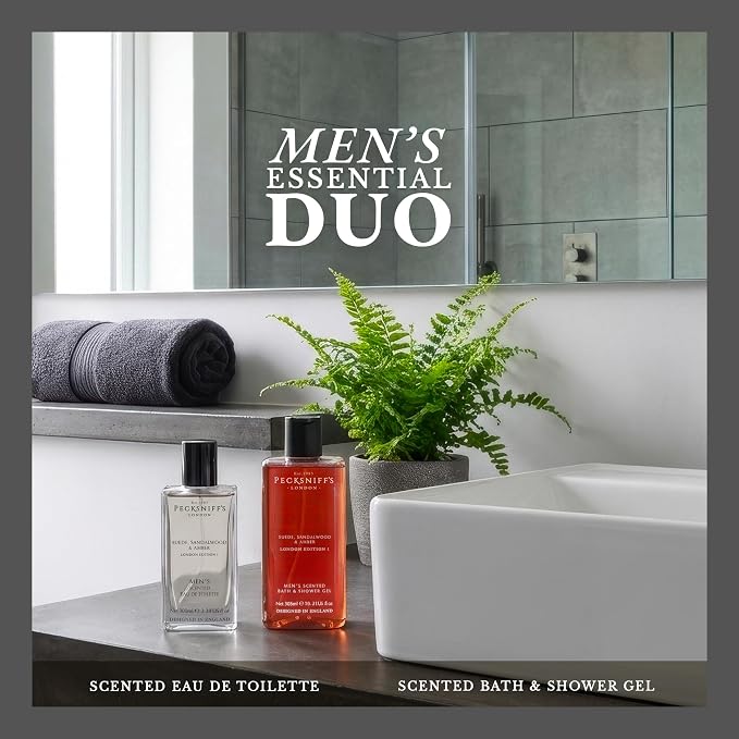 Pecksniff’s Men’s London Edition Fragrance Duo Gift Set – Suede, Sandalwood & Amber, Eau de Toilette 100ml & Bath & Shower Gel 300ml