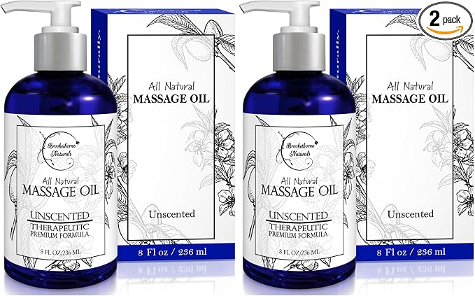 Unscented Massage Oil for Massage Therapy – 100% Natural Body Oil with Sweet Almond, Grapeseed & Jojoba for Premium Glide – Pure Carrier Blend for Aromatherapy – Brookethorne Naturals (Pack of 2)