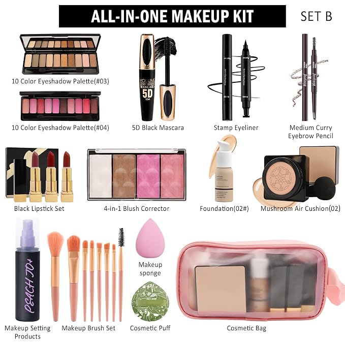 All in One Makeup Kit for Women Full Kit,Travel Makeup Kit for Teens,Makeup Gift Set with Everything,Foundation Eyeshadow Lipstick Eyebrow Blush Powder, Mother's Day Make Up Gift Set for Women Mom-D