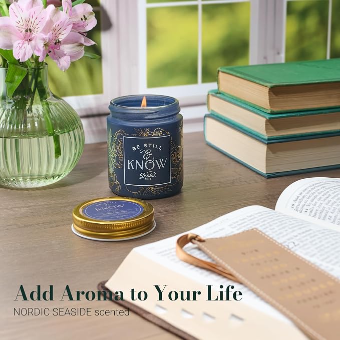 Christian Art Gifts Soy Wax Scented Candle: Be Still & Know Bible Verse, Nordic Seaside Scent, Pure Essential Oils, 4.5oz, Up to 20 Hours Burn Time, Glass Jar w/Metal Lid, Encouragement Gift for Women