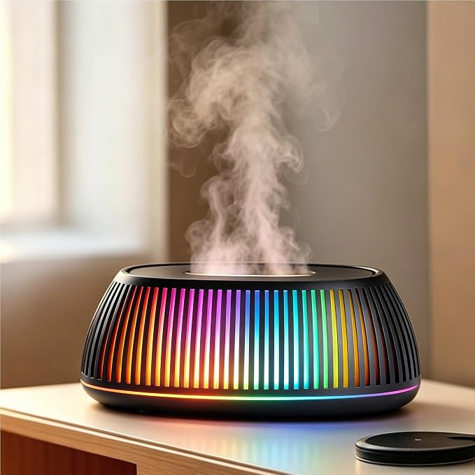Flame Essential Oil Diffuser 150ml, Ultrasonic Aromatherapy Diffuser with 7 Color Lights, 1/2/4H Timer, Auto Shut-Off for Home Office Bedroom (Black)