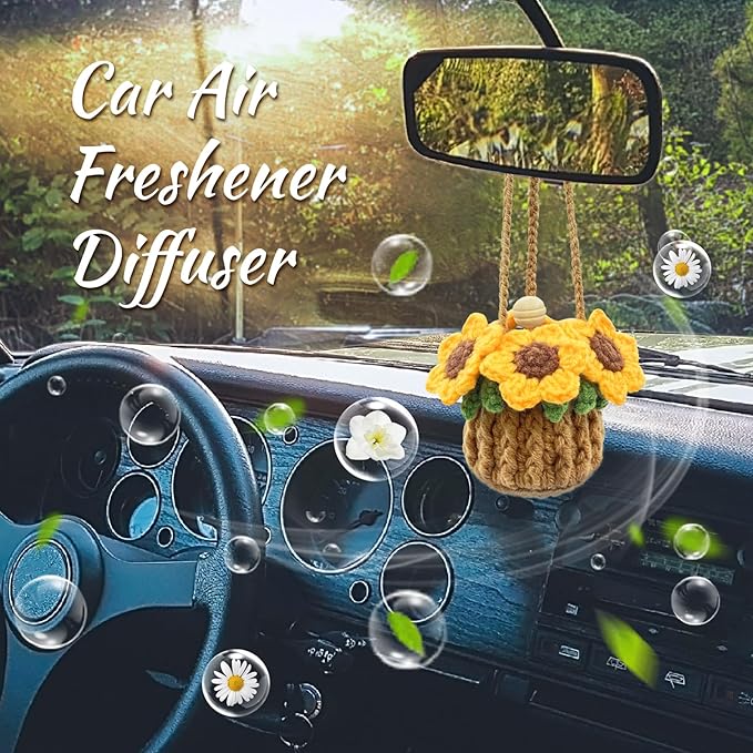 Crochet Car Air Freshener, 15ml Empty Refillable Oil Diffuser Bottle with Hanging Crochet Sunflower for Car Rearview Mirror Decor Air Freshener Diffuser for Home, and Office Decor(Sunflower)