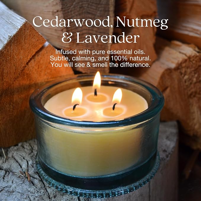 Bluecorn Botanica Beeswax 3-Wick Candle – Cedarwood, Nutmeg & Lavender, 100% Pure Beeswax & Essential Oils – 10oz Hand-Blown Recycled Spanish Glass – Non Toxic, Clean Burning, Refillable Glass Jar