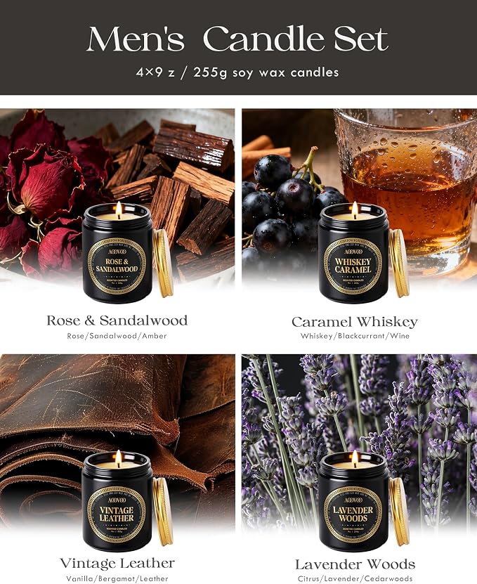 AOOVOO Scented Candles for Men - 4 Pack Candles for Home Scented, 36oz Soy Wax, 200 Hour Burn Time, Men Candle Set, Rose Sandalwood/Whiskey Caramel/Lavender/Leather Candle Set T