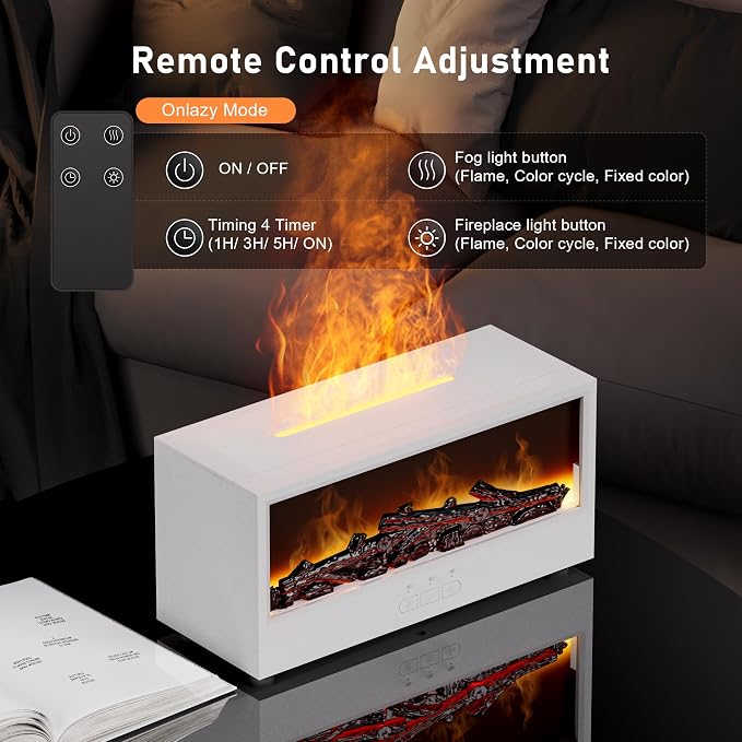 Fireplace Flame Air Diffuser Humidifier,7 Colors Aromatherapy Essential Oil Diffuser, Ultrasonic Aroma Humidifier with Remote Control & Timer for Bedroom, Home, Office, Yoga (White)