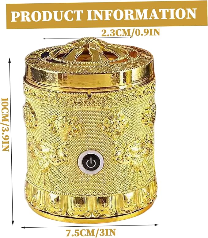 Electric Incense Burner Portable Vintage Electric Bakhoor Burner USB Rechargeable Golden Aromatherapy Diffuser for Car Home Office Yoga Tabletop 3x3.9 inch
