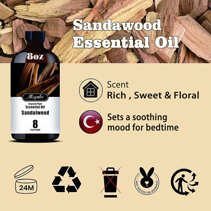 Sandalwood Essential Oil - Sandalwood Fragrance Oil for Meditation, Yoga, Diffuser, Massage, Skin Care, DIY Soap, Candle, Relaxation, Gift Ready – MLYNKL Sandalwood Oil (8.33 fl oz / 250ml)
