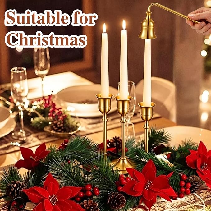 26 Pcs Brass Gold Taper Candle Holders Set, Vintage Metal Candlestick Holders Plus Candle Snuffer Brass Home Decor for Table Centerpiece,Wedding Reception,Festive Christmas Mantel Housewarming