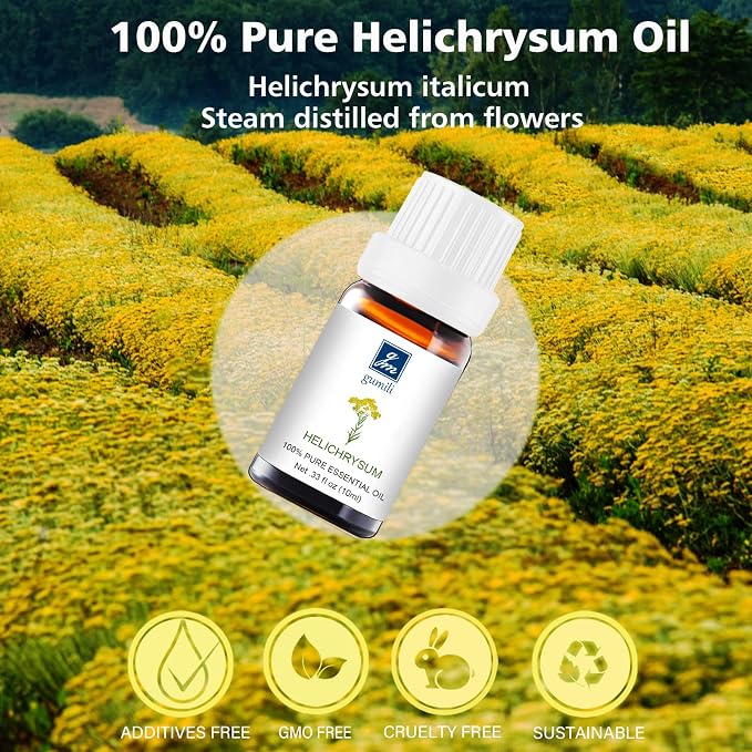 GM Gumili Helichrysum Essential Oil, 100% Pure Helichrysum Oil for Skin, Bruising, Body, Spray & DIY- 10ml