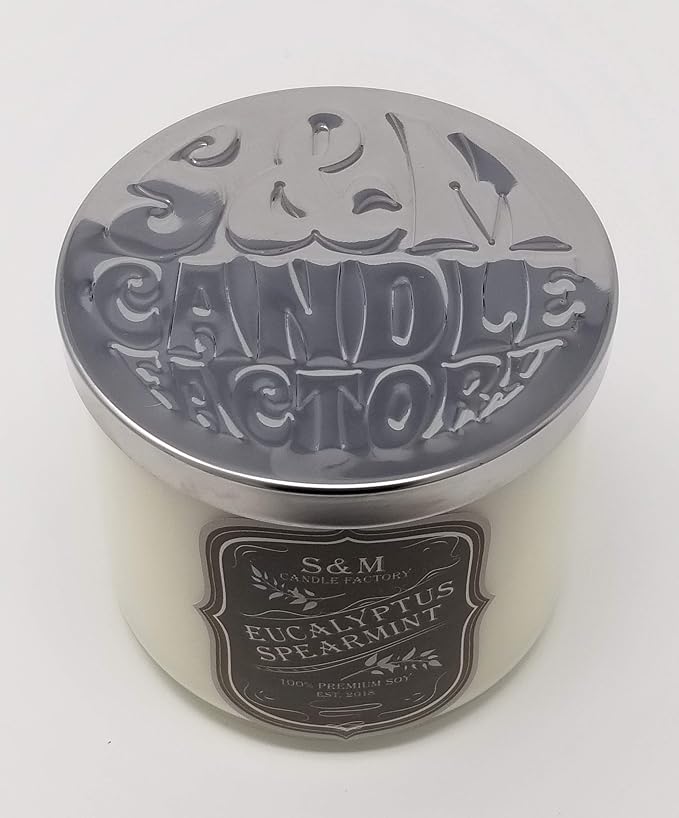 S&M Candle Factory Eucalyptus Spearmint Candle - Aromatherapy Soy Wax 3 Wick Scented Candle ~ Stress Relief/Stress Free Eucalyptus Spearmint ~ Made in USA (Large 3 Wick, White)