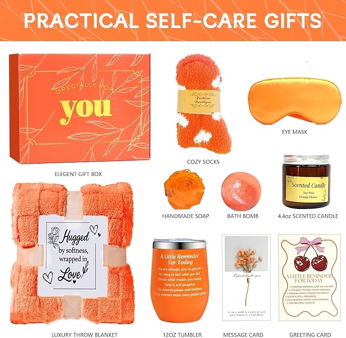 Mothers Day Gifts - Orange Self Care Gift Get Well Relaxing Spa Gift Basket Set, Birthday Spa Gift Baskets for Mom, Sister, Friends Teacher Girlfriend, Mothers Day Gift Baskets for Women
