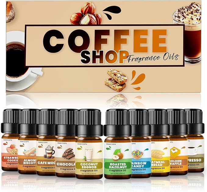 Coffee Shop Fragrance Oil Set | Espresso, Mocha Coffee, Chocolate, Almond Biscotti, Roasted Hazelnut Candle Scents for Candle Making, Soap Making Supplies, Diffuser Oil Scents