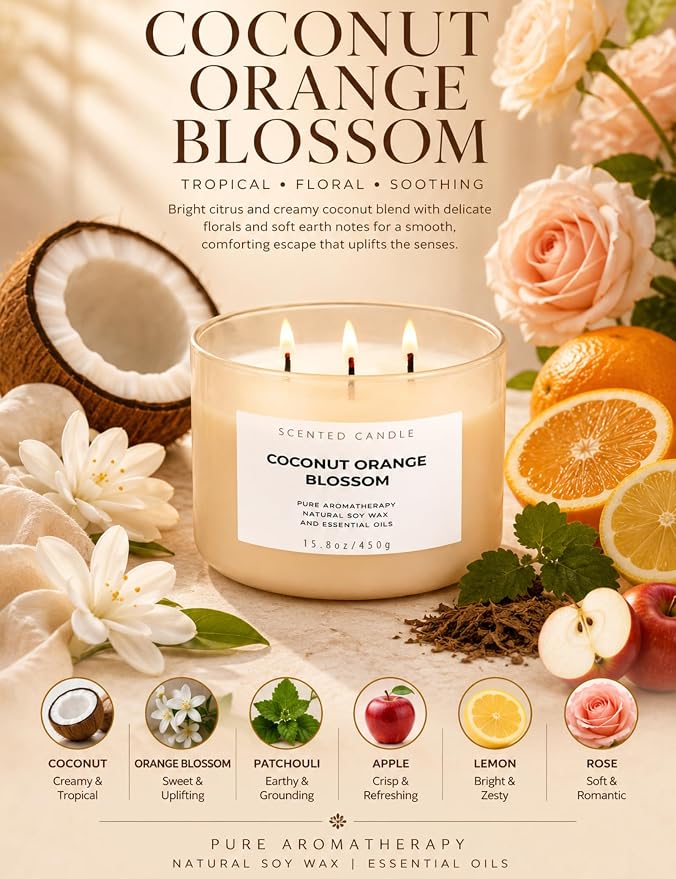 Coconut Orange Blossom Candle | 3-Wick Large Soy Candle 15.8 oz | Creamy Tropical Citrus Floral Scented Candles for Home | Strong Throw, Clean Burn Long Lasting | Aromatherapy Gift for Women