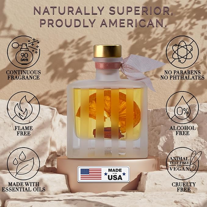 Reed Diffuser Set, Spiced Cinnamon Orange Scented Oil Diffuser with Sticks, Home Fragrance Accessories for Bathroom Shelf Decor, Aroma Diffusers for Home or Office Desk, USA Made