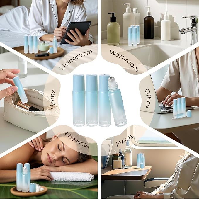 SESENSE Essential Oil Roller Bottles, 10ml Thick Glass Perfume Roller Bottles with Funnel Opener and Dropper Colored Glass Empty Bottles with Stainless Steel Roller Balls (Blue, 4 Pack)