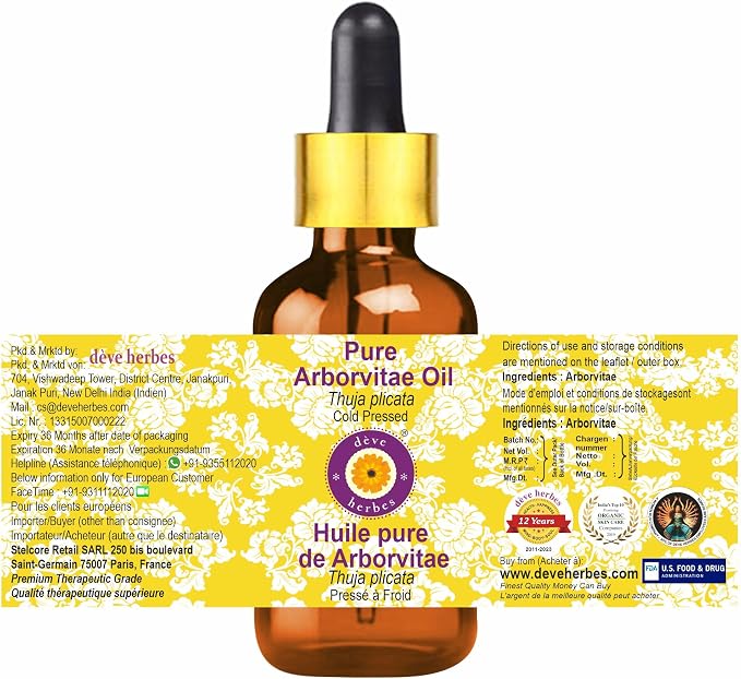 Deve Herbes Arborvitae Oil (Thuja plicata) with Glass Dropper | Cold Pressed | Pure | Natural | for Diluting Essential Oils | for Skin & Massage | Non-Sticky | Lightweight | Unisex | 50ml (1.69 oz)