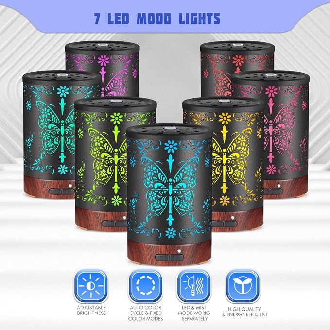 Metal Essential Oils Diffuser 150ML for Women Mom Grandma Wife, Aromatherapy Diffuser Cool Mist Humidifier with 7 Colors Lights Waterless Auto Off Air Diffusers(Butterfly)