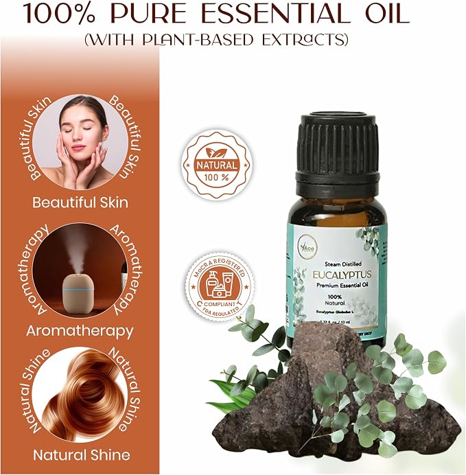 My ACE Eucalyptus Essential Oil 0.33 Fl Oz - Pure & Natural - Premium Grade for Aromatherapy, Diffuser, Skin, Hair, Massage, Candle & Soap Making, Home - Glass Bottle with Dropper - Long Lasting Scent
