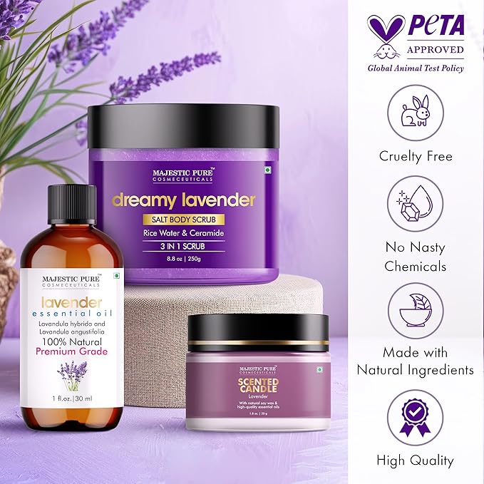 Majestic Pure Lavender Essential Oil & Body Scrub Set | 100% Pure & Natural Gift Set | Relaxing & Stress relief | pack of 3