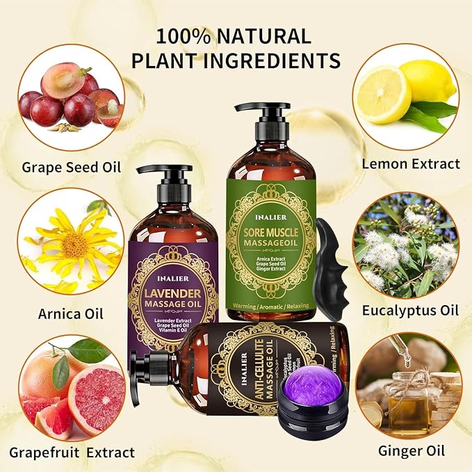 Massage Oil for Massage Therapy,3 Pack Cellulite Massage Oil,Sore Muscle Arnica Oil & Lavender Massage Body Oil with Massage Ball & Thumb Saver Tool,Mens Gifts,Birthday Gifts for Women and Men