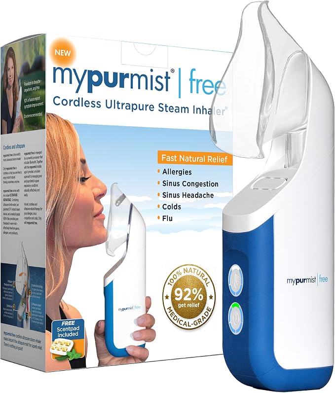 Mypurmist Free Ultrapure Cordless Steam Inhaler - Handheld Personal & Battery-Powered Steamer, Vaporizer & Humidifier for Sinus Relief, Nasal Congestion, Cold & Cough, Vocal Care