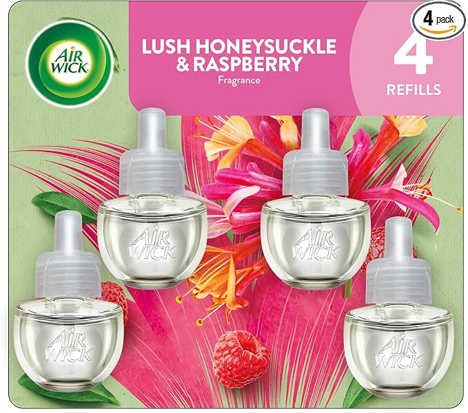 Air Wick Plug-In Scented Oil Refills, 4 Count, Lush Honeysuckle and Raspberry, Air Freshener, Essential Oils, Eco Friendly