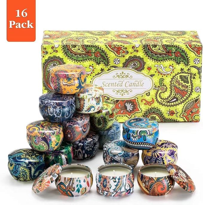 16 Scented Candles Gift,Natural Soy Wax Aromatherapy Candles,Small Portable Tin Candles Set for Mom,Women,Teachers, Colleagues and Friends,2.5 OZ.