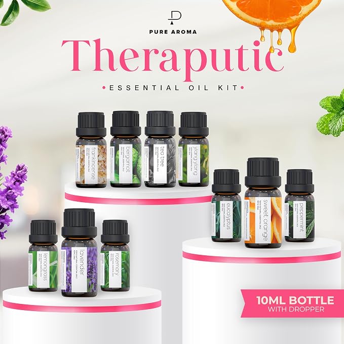 Essential Oils by Ultimate Aroma Top 10 Aromatherapy Oils Gift Set - Lavender/Tea Tree/Eucalyptus/Peppermint/Lemongrass/Sweet Orange/Bergamot/Frankincense/Rosemary/Ylang Ylang (10ml).