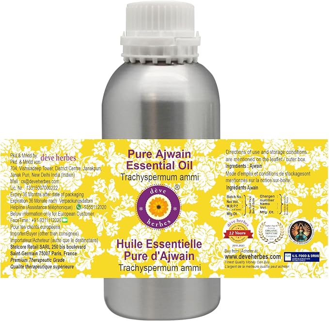 Deve Herbes Pure Ajwain Essential Oil (Trachyspermum ammi) Steam Distilled 1250ml (42 oz)