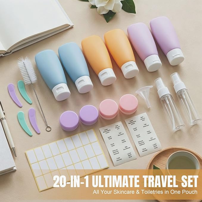 DEWSENSI 20 Pack Travel Bottles Set for Toiletries TSA Approved, Leak Proof Travel Size Containers Kit Portable Refillable Travel Accessories for Shampoo Conditioner Lotion Liquids (Multi-color)