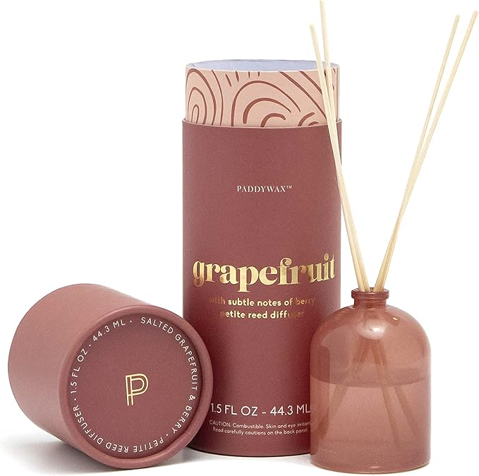 Paddywax Petite Reed Diffuser Set with Wooden Reeds, 720 Hour Long Lasting Home Fragrance Oil Diffuser, Decorative Milky Glass Bottle, Grapefruit Scent, Rose, 1.5 oz