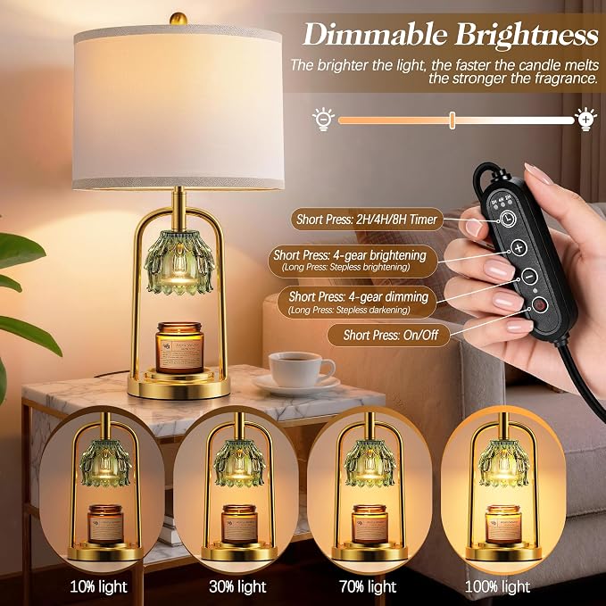 QiMH Candle Warmer Lamp with Timer Dimmer, Modern Table Lamp Wax Warmer for Scented Wax Jar, Glass Lamp Candle Warmer with 2 Bulbs, Women Gifts, House Warming Gifts, Home Decor, Brushed Gold Green